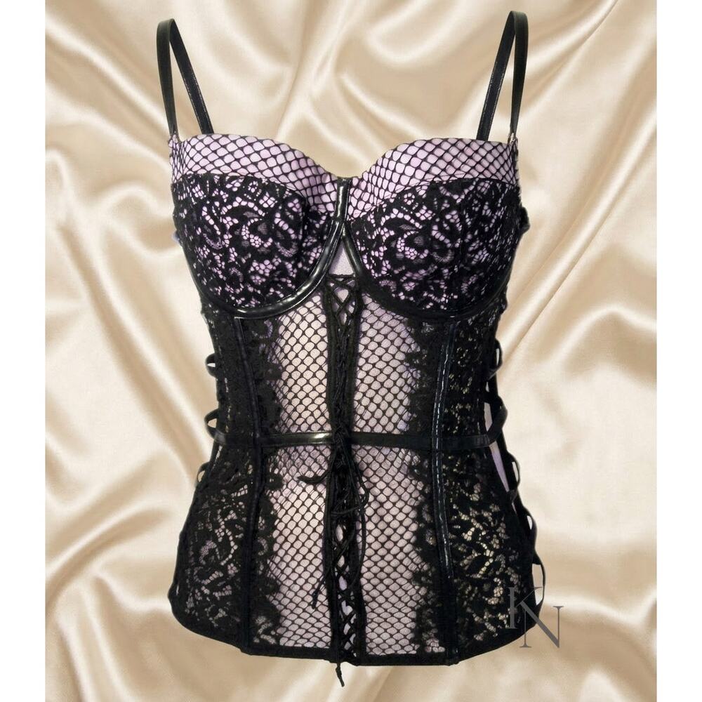 Victoria’s Secret 36C Purple Black Lace Corset - Sexy Sheer Mesh  NWT!